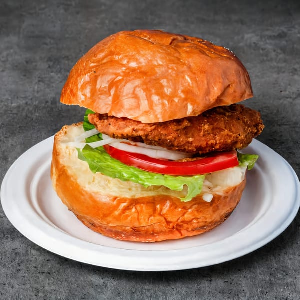 A Smashbros Halal Grill chicken sandwich with lettuce, tomato, and onion on a white plate.