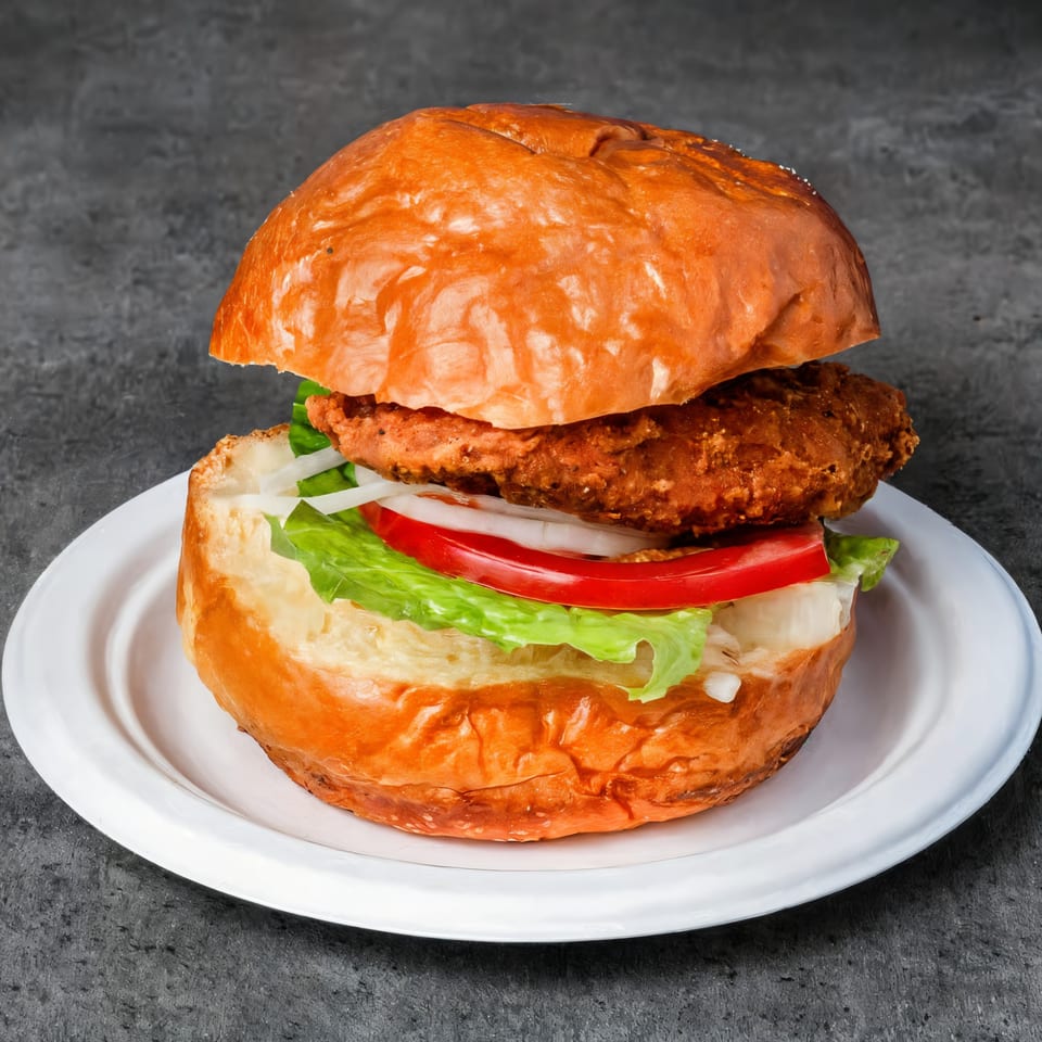 A Smashbros Halal Grill chicken sandwich with lettuce, tomato, and onion on a white plate.
