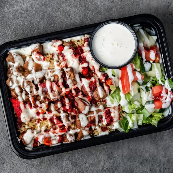 Halal Grill platter with meat, rice, red sauce, white sauce, and a side salad with dressing.