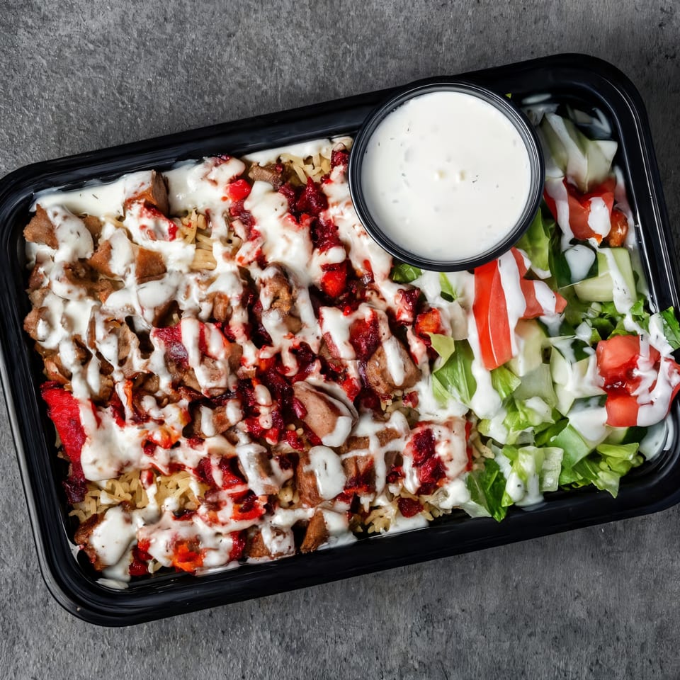 Halal Grill platter with meat, rice, red sauce, white sauce, and a side salad with dressing.