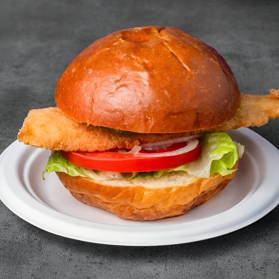Halal crispy fish sandwich with lettuce, tomato, and onion on a white plate.